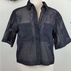 Sandro Cropped Shirt Eyelet Lace  Button Up  Top Black Sz 1 US Small